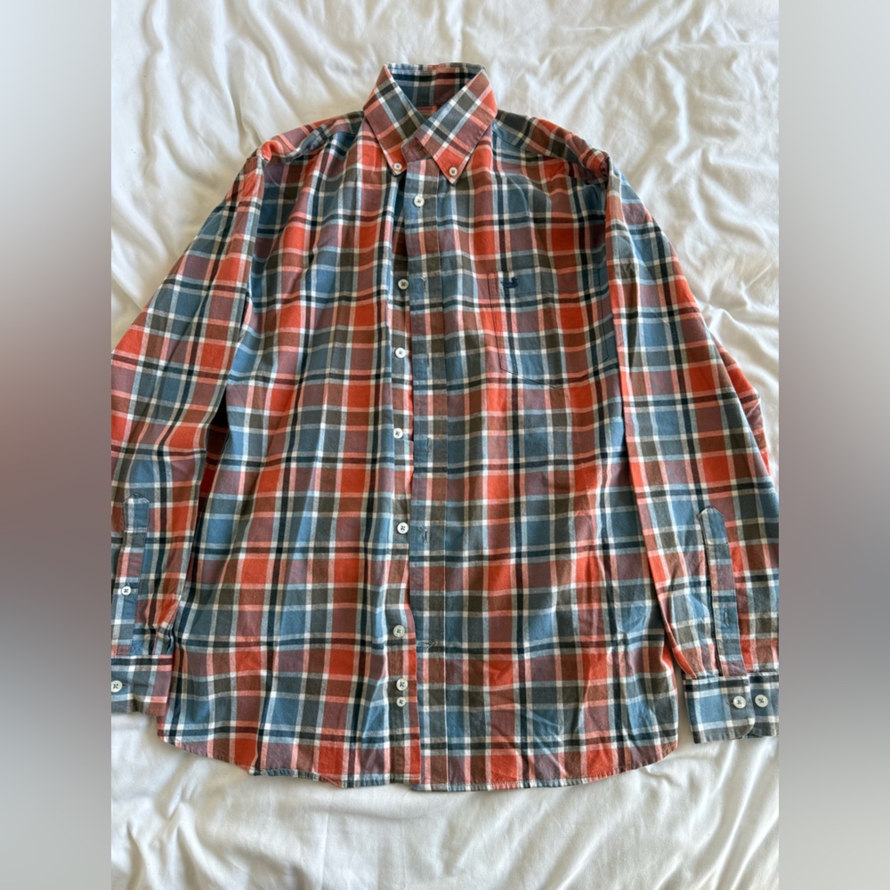 Southern Marsh Blood-Orange and Blue Plaid Casual Button Down Shirt
